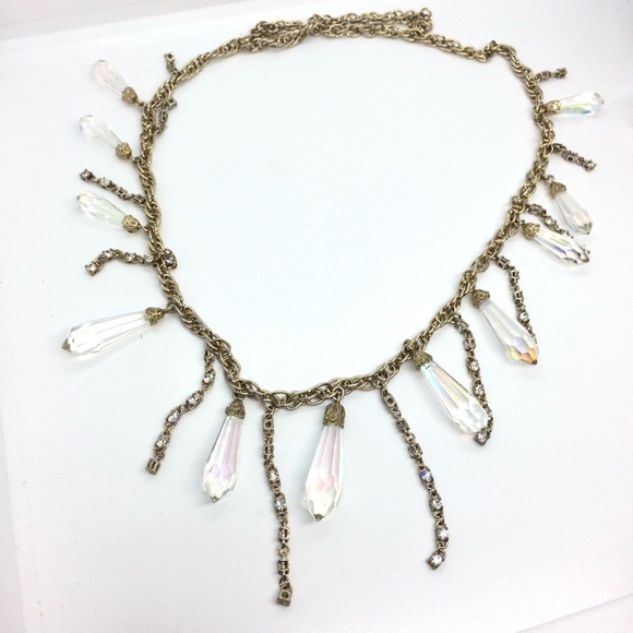 VINTAGE ANN TAYLOR AB AURORA BOREALIS BEAD CHAIN DANGLE NECKLACE GOLD TONE BELT - Picture 10 of 15